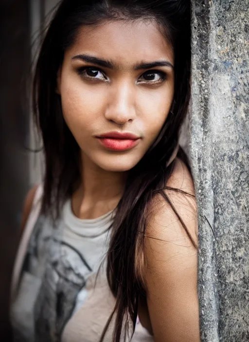 Prompt: color medium shot portrait of beautiful well-groomed Brazilian 26-year-old woman model, candid street portrait in the style of Steve McCurry award winning, Sony a7R