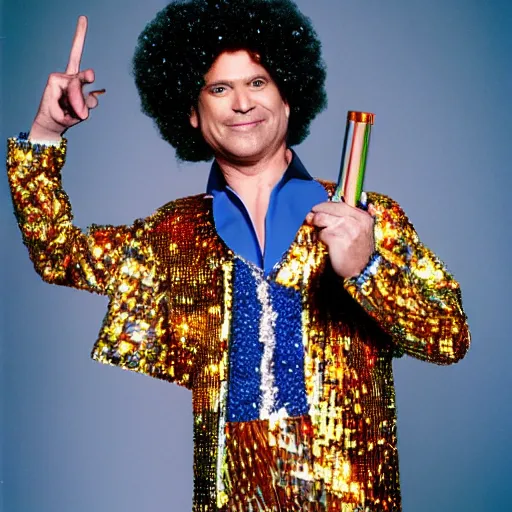 Image similar to uhd candid photo of disco stu wearing disco suit, intricate disco costume. photo by annie leibowitz