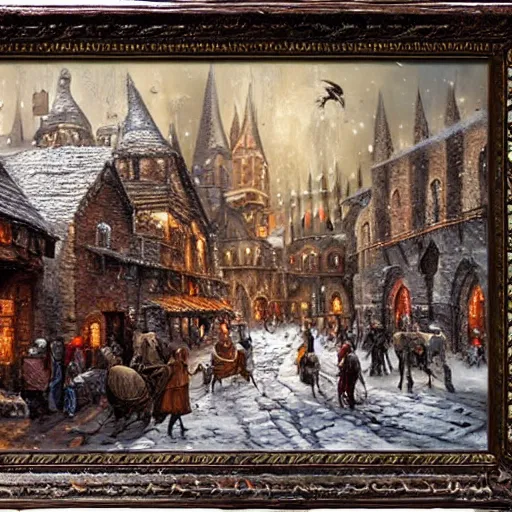 Prompt: medieval city after pillage, snowing, oil on canvas, cinematic composition, detailed, hd