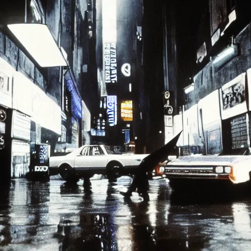 Image similar to 1 9 8 2 film stills of blade runner, with rachel with beyonce, and doja cat, having a night on the town. rainy and smoky with futuristic vehicles overhead and people carrying neon umbrellas.