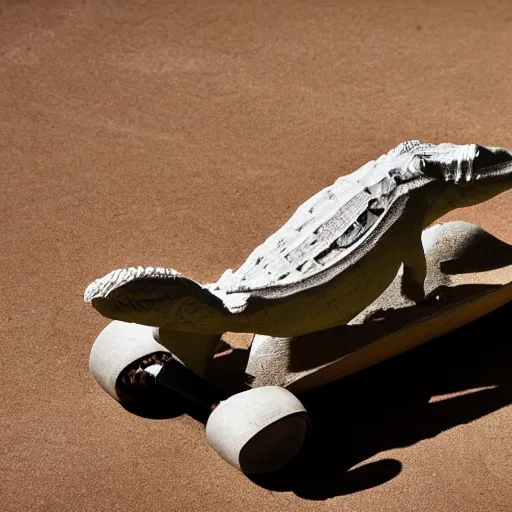 Image similar to rough plaster sculpture of an alligator on a skateboard, high resolution photograph, strong directional light, strange atmosphere