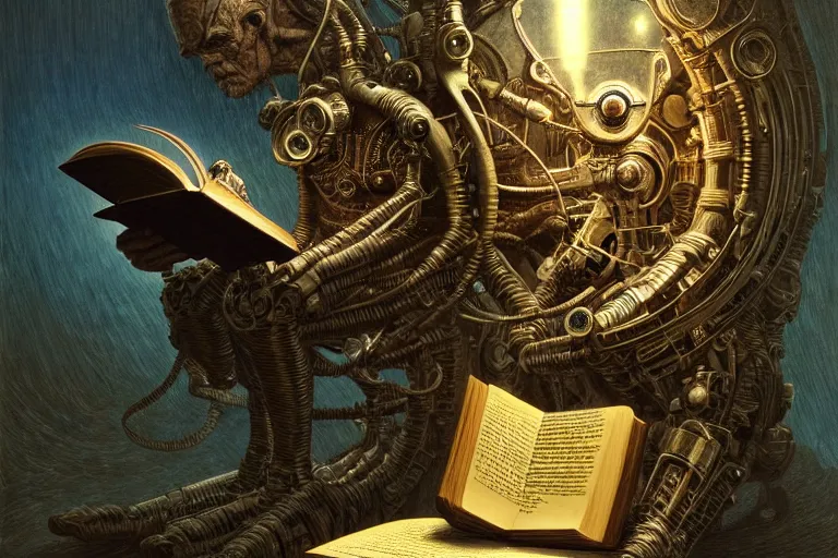 Prompt: a cyborg reading an old book, fantasy, sci - fi, intricate, elegant, dramatic lighting, highly detailed, lifelike, photorealistic, digital painting, artstation, concept art, smooth, sharp focus, illustration, art by beksinski and john blanche and paul dainton and albert aublet and artem demura and alphonse mucha