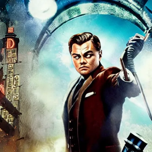 Image similar to movie poster depicting andrew ryan, portrayed by leonardo dicaprio, in a new live - action bioshock movie premiering on netflix