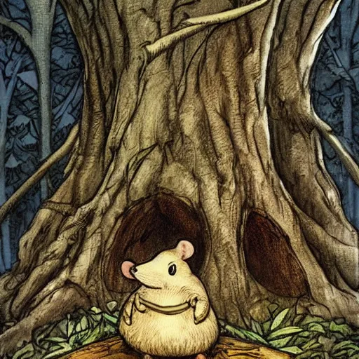 Prompt: Mouse Guard sits on a stump holding a sword, in deep forest, by rivuletpaper, rivuletpaper art, Mouse Guard by David Petersen, mouse photo, small details, realistic illustration, illustrations by irish fairy tales james stephens arthur rackham