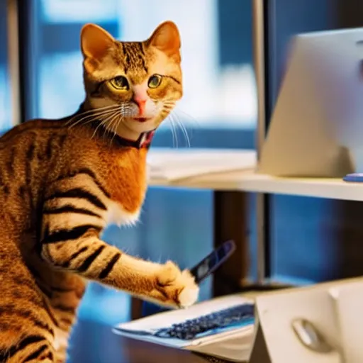 Image similar to photo of an anthropomorphic cat wearing a business suit using a computer in an office