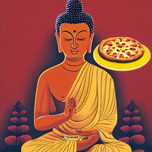 Prompt: the buddha eating a slice of pizza