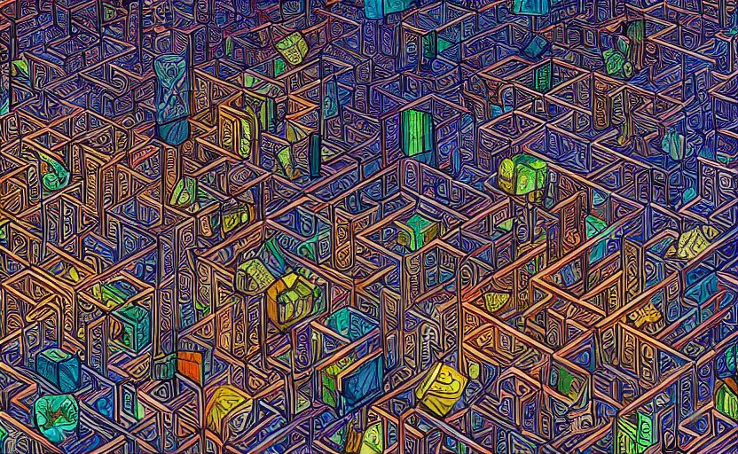 Image similar to interior of an elaborate labyrinth of runic cubes, endless intricate maze - like runes, sharp high detail anime background, masterpiece by satoshi kon, crystal cubism, greeble, tesseract, darksynth, high definition