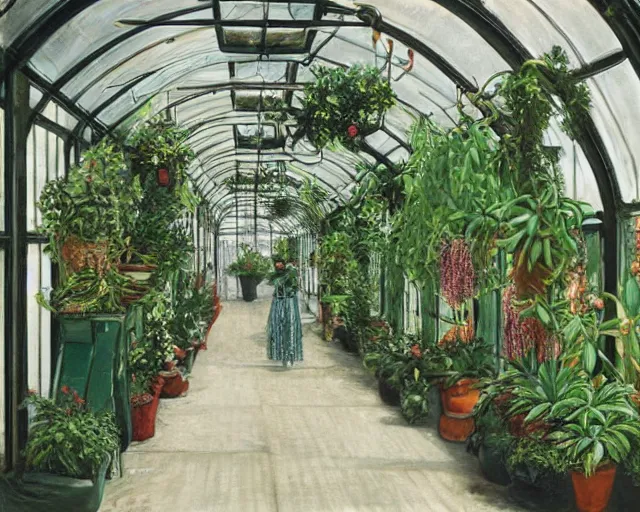 Image similar to Victorian greenhouse corridor decorated with potted plants, hyper-realism