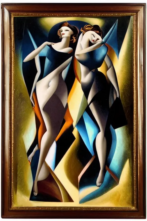 Prompt: highly detailed art deco framed painting of gemini goddesses fully clothed in celestial gowns floating in space zoomed out by tamara de lempicka