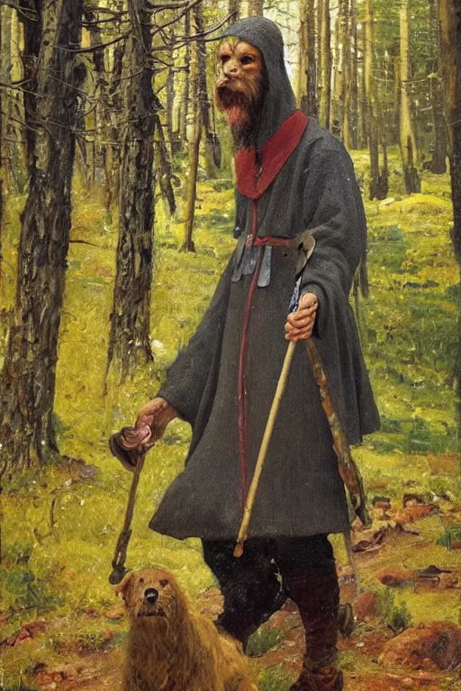 Image similar to Slavic dog head man, woolen torso in medieval clothes, walking in the forest, Orthodox Saint Christopher, oil painting, magic lights, painting by Viktor Vasnetsov, concept art, painting by Valentin Serov, hyperborea, beautiful, high resolution, trending on artstation,