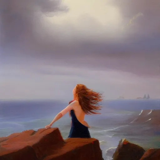 Prompt: A painting of a girl standing on a mountain looking out an approaching storm over the ocean, wind blowing, ocean mist, oil painting