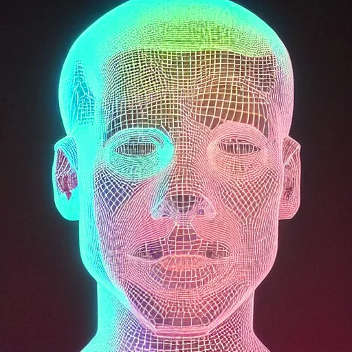 Image similar to a 3d human head made up of shiny holograms