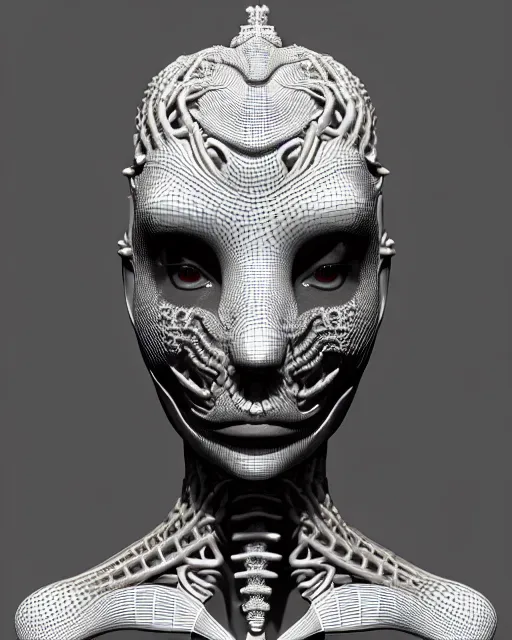 Image similar to a black and white 3D render of a young beautiful female queen-dragon-cyborg bust with a very long neck and Mandelbrot fractal face, Mandelbrot fractal skin, flesh, anatomical, facial muscles, veins, arteries, elegant, highly detailed, flesh highly baroque ornate, hair are cable wires, elegant, high fashion, rim light, octane render, in the style of H.R. Giger, Realistic, Refined, Digital Art, Highly Detailed, Cinematic Lighting, rim light, black and white, photo-realistic, 8K