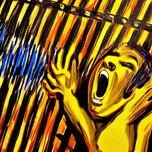 Image similar to a screaming prisoner holding prison bars, expressionism