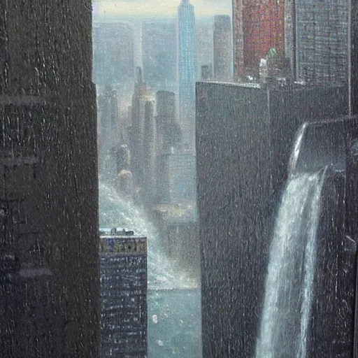 Prompt: an hyper - realist oil painting of waterfalls from the empire state building's windows, water falling from the windows, new york background, detailled, sharp focus, realistic, by kunkle brad, by beksinski