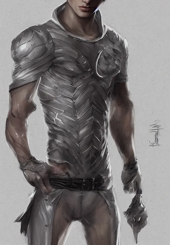 Image similar to a cute calm handsome young adult male muscular slim blu skin elf with grey light tight clothes concept art in the style of lee bermejo and greg rutkowski