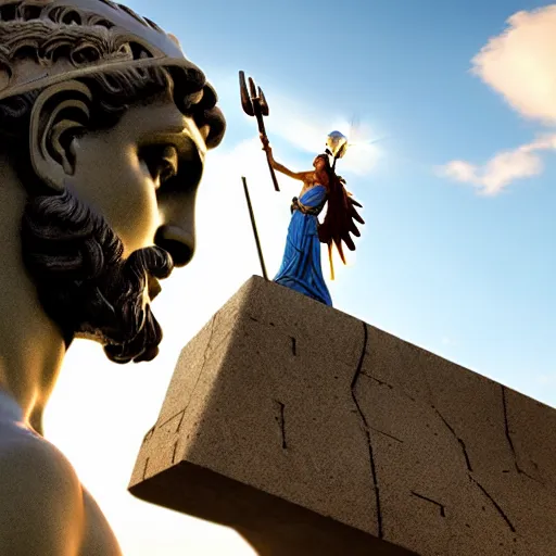 Image similar to tiny greek goddess in steel helmet standing on a giant greek bearded male head of Zeus, greek temple of olympus glory island, late afternoon light, wispy clouds in a blue sky, by frank lloyd wright and greg rutkowski and ruan jia