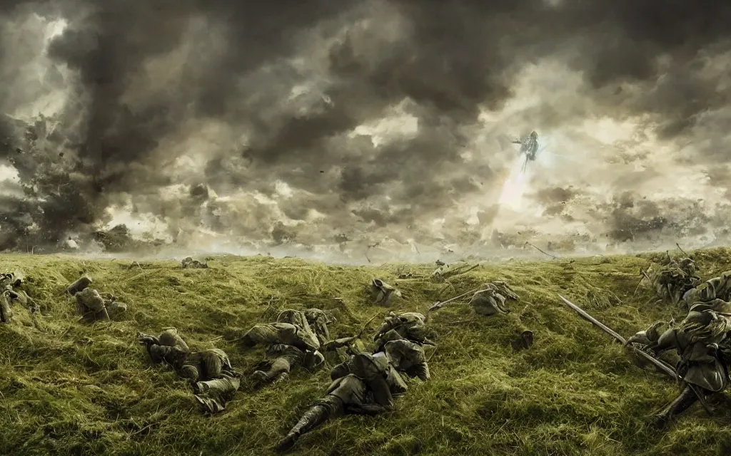 Prompt: fight ww 1, deep trenches with fortifications, natural landscape, green and blue tones, soldiers fighting against aliens from edge of tomorrow, realistic people, ground explosion in the background, alien mothership in the sky, hyper realistic, highly detailed, dramatic lighting, raytarced, god rays, 4 k, 8 k, art by artgem