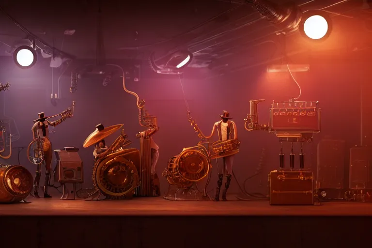 Image similar to 3 steampunk robot jazz musicians playing at a night club, focus on the musicians, cinematic lighting, exaggerated detailed, unreal engine, octane render, trending on artstation, art by greg rutkowski, 4 k