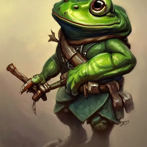 Prompt: a depressed anthropomorhpic frog, cute, little, weilding an axe, dnd character art portrait, matte fantasy painting, deviantart artstation, by jason felix by steve argyle by tyler jacobson by peter mohrbacher by paul hedley, cinema