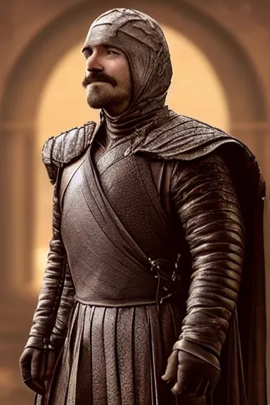 Image similar to “ very very intricate photorealistic photo of a realistic human version of super mario in an episode of game of thrones, photo is in focus with detailed atmospheric lighting, award - winning details ”