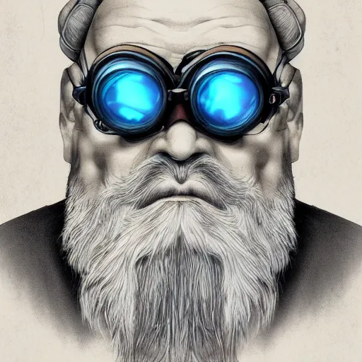 Image similar to a front-facing portrait of an old man with a grey beard and blue hair wearing steampunk goggles, dungeons and dragons character art, highly-detailed illustration, Artstation