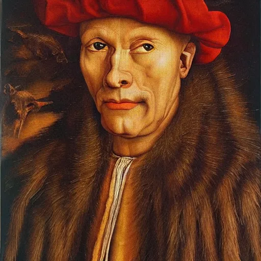 Prompt: portrait of wolf wolfman, oil painting by jan van eyck, northern renaissance art, oil on canvas, wet - on - wet technique, realistic, expressive emotions, intricate textures, illusionistic detail