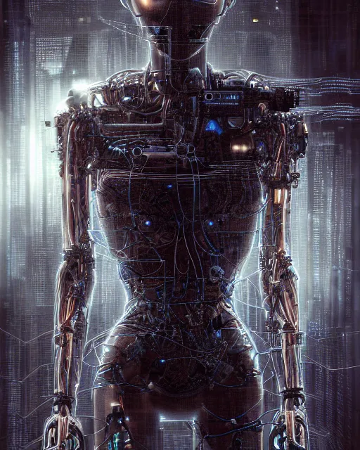 Image similar to portrait photo of a biomechanical torso of a cyborg plugged into a quantum computer with cables and wires and optic fibers. cyberpunk horror style. art by luis royo. highly detailed 8 k. intricate. nikon d 8 5 0 5 5 mm. award winning photography.