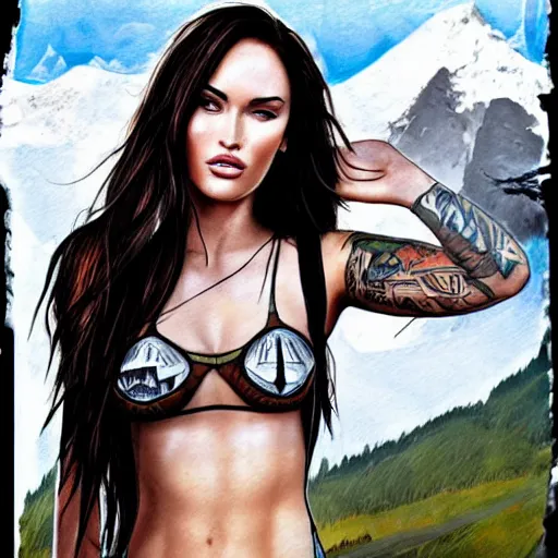 Image similar to realism tattoo sketch of double exposure megan fox with beautiful mountain scenery, in the style of andrey lukovnikov