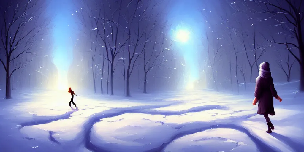 Prompt: a painting of a person walking in the snow, concept art by cyril rolando, featured on deviantart, metaphysical painting, anamorphic lens flare, 2 d game art, concept art