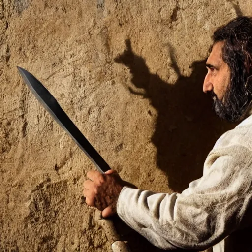 Image similar to award winning cinematic still of 40 year old Mediterranean skinned man in Ancient Canaanite clothing building a wall in Jerusalem, holding a sword and a chisel, dramatic lighting, strong shadows, directed by Peter Jackson