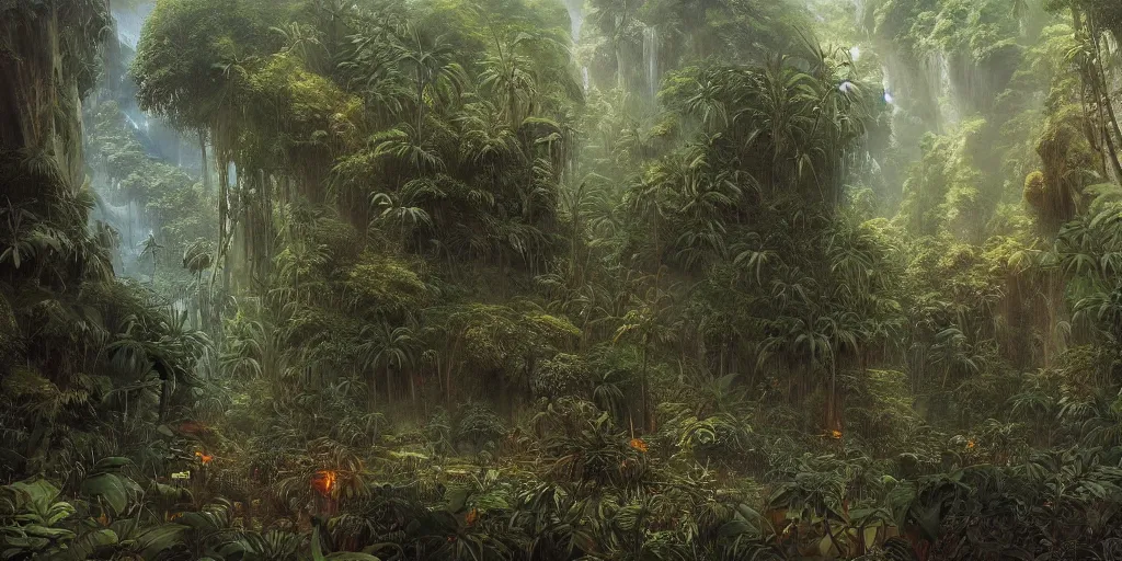 Image similar to Artwork of the Cinematic view of The Glittery Jungles by John Howe, Trending on artstation, Glittery