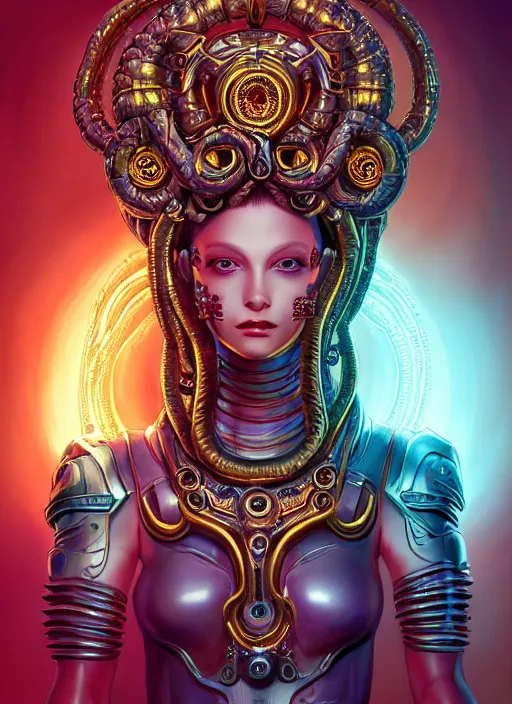 Prompt: ultradetailed ornate sci-fi RPG illustration of a beautiful symmetric Medusa radiating a glowing aura wearing a cyberpunk armor with much decorum, digital airbrush painting, 3d rim light, hyperrealistic masterpiece, artstation, cgsociety, kodakchrome, golden ratio