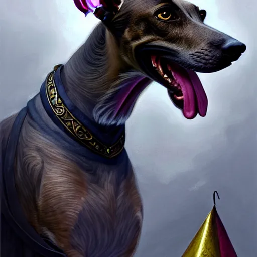 Image similar to a dark brindle greyhound with a grey face is laying down with a happy anniversary balloon floating above him, d & d, fantasy, intricate, elegant, highly detailed, digital painting, artstation, concept art, matte, sharp focus, illustration, hearthstone, art by artgerm and greg rutkowski and alphonse mucha