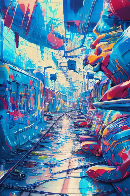 Image similar to trains covered in dripping colorful graffiti paint, painterly, james jean, yoshitaka amano, hiroshi yoshida, moebius, loish, artgerm, painterly, symmetrical, ultra detailed, hyper realistic, illustration, sunset lighting