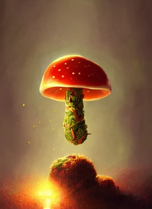 Image similar to a cannabis plant with amanita mushroom fruits, rim light, midsommar style, extremely detailed, masterpiece, artstation, cinematic lighting, photographic, by greg rutkowski and wolp