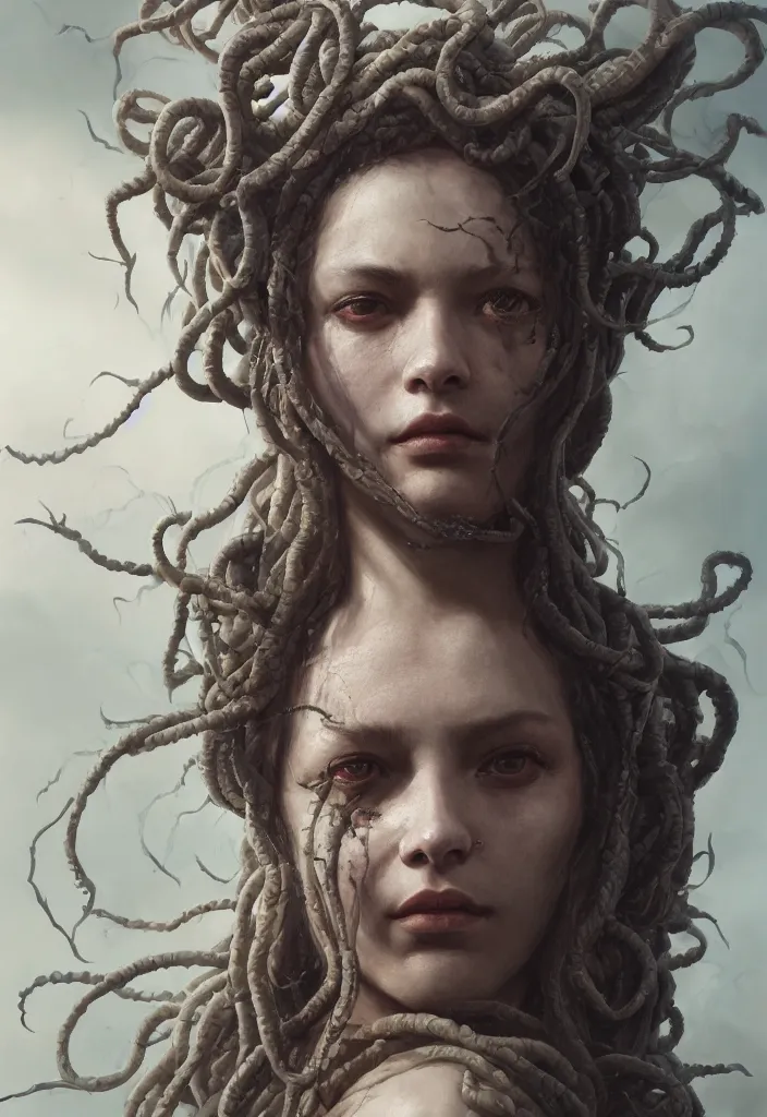 Prompt: A beuatiful close-up portrait of medusa by Greg Rutkowski, Sung Choi, Mitchell Mohrhauser, Maciej Kuciara, Johnson Ting, Maxim Verehin, Peter Konig, Bloodborne , 8k photorealistic, cinematic lighting, HD, high details, dramatic, atmospheric , trending on artstation