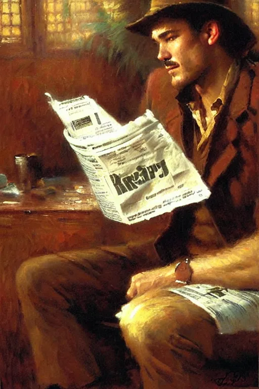 Prompt: attractive man drinking coffee and reading newspaper, painting by gaston bussiere, craig mullins