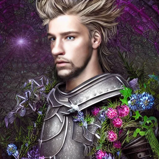 Image similar to a male knight, stern face, clear eyes, in a dark forest, shining armour made of steel and flowers, and fractal flowery hair in a fractal garden, glowing delicate flower, berries and ferns that grow in a dark fantasy forest, full frame,