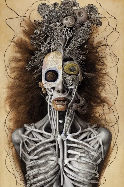 Image similar to Detailed maximalist portrait of a greek god with large lips and eyes, scared expression, botanical anatomy, skeletal with extra flesh, HD mixed media, 3D collage, highly detailed and intricate, surreal illustration in the style of Jenny Saville, dark art, baroque, centred in image