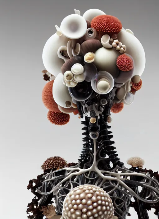 Image similar to biomechanical mannequin carrying perfume bottle, black corals table made of corals, mushrooms, puffballs, rhizomorphs in an ivory room well contoured smooth fair walls, up close shot, sharp focus, global illumination, radiant light, alexandre ferra white mecha, irakli nadar, octane highly render, 4 k, ultra hd,