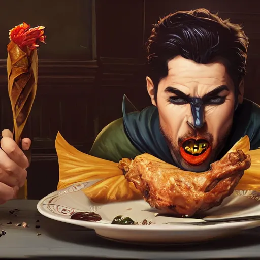 Prompt: An epic fantasy comic book style portrait painting of Batman eating a chicken leg in a restaurant, unreal 5, DAZ, hyperrealistic, octane render, RPG portrait, dynamic lighting