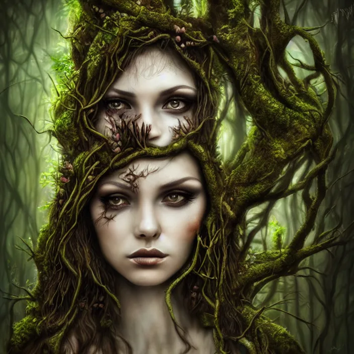 Image similar to female dryad, dark forest, surreal, nature, light shining through, hyper - realistic, highly detailed, sharp focus, smooth, intricate, marilena mexi style