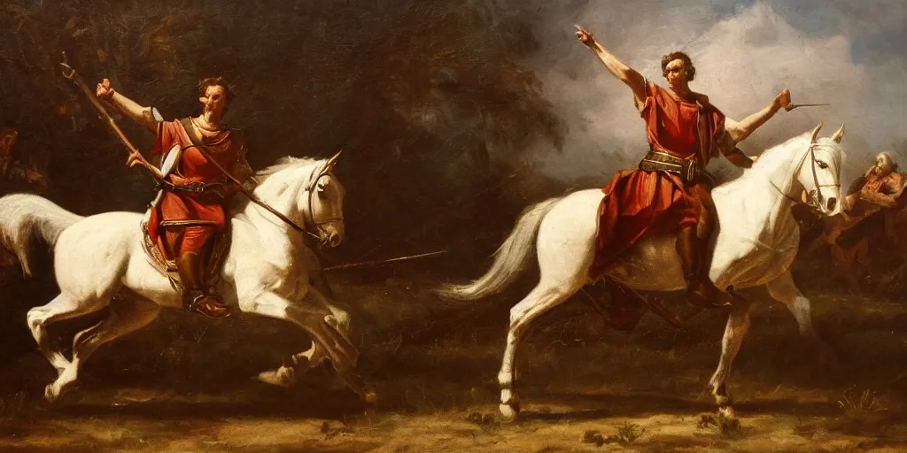 Image similar to Highly detailed and atmospheric Romantic-period oil painting of Julius Caesar riding a horse, dynamic lighting, 8K