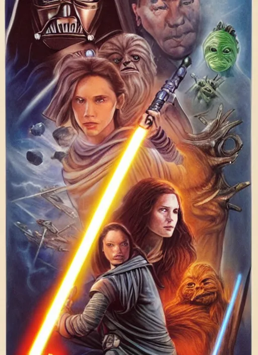 Image similar to movie poster by iain mccaig and magali villeneuve and drew struzan, a beautiful woman jedi master, highly detailed. star wars expanded universe, she is about 2 0 years old, wearing jedi robes. rancor. aliens. explosions.