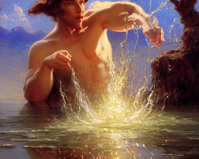 Image similar to attractive male wizard casting powerful water spell in a beautiful lake. highly detailed painting by gaston bussiere, craig mullins, j. c. leyendecker 8 k