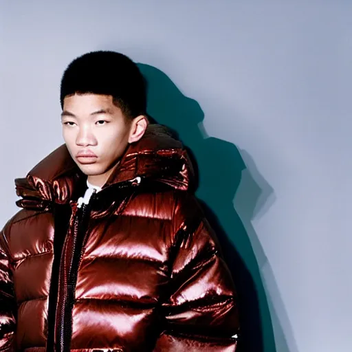 Image similar to realistic photoshooting for a new balenciaga lookbook, color film photography, portrait of a blonde asian woman, model wearing a puffer jacket, photo in style of tyler mitchell, 3 5 mm,