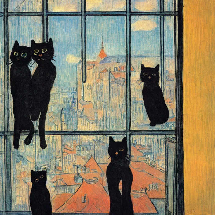 Prompt: couple under a baldachin with city seen from a window frame. fuzzy black cat. henri de toulouse - lautrec, utamaro, matisse, monet, rene magritte