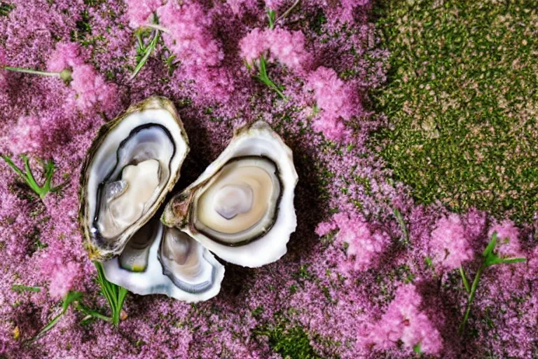 Image similar to a romantic dlsr photoportrait of an oyster in the field of flowers. pastel colors, blurred background. sharp focus on the oyster, 5 0 mm lens, professional light, aerial shot from the drone