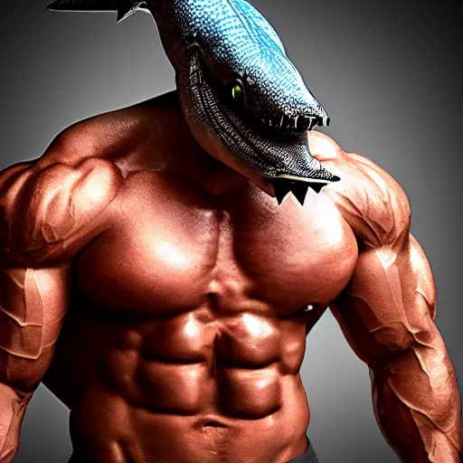 Image similar to bodybuilder with shark head, portrait, photography, 4 k, unreal engine